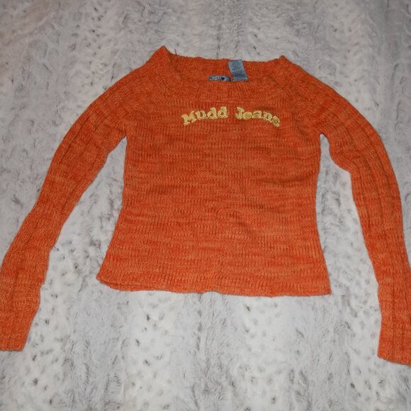 Vintage 1990s Y2K Mudd Jeans Slouchy Logo Sweater - Orange - Picture 6 of 11